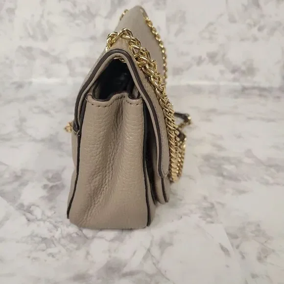 Michael Kors Sloan Small Shoulder Flap Beige Pebble Leather Bag Gold Chain Strap